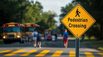 Yellow pedestrian crossing sign in school zone with children, parents crossing, school buses lined up, crossing guard holding stop sign for safety, soft light.