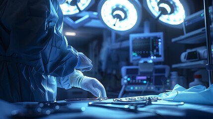 A surgeon preparing for surgery, adjusting gloves and mask in a sterile operating room, with medical tools and lights in the background. 8k UHD, suitable for high-quality printing or digital 