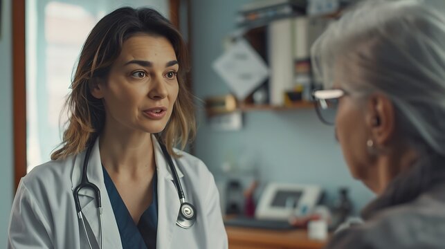A female doctor in a lab coat explaining a diagnosis to an elderly patient, showing compassion and understanding, with medical charts and tools nearby. 8k UHD, suitable for high-quality printing 