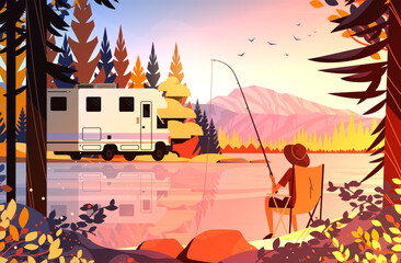 Naklejka premium Camping RV fishing lake autumn landscape nature adventure recreational outdoor activity colorful sunset scenery mountains trees