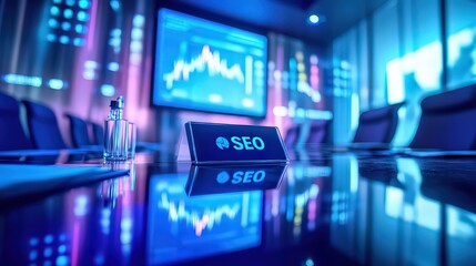  SEO conference room setup with digital charts, emphasizing modern marketing strategies and online visibility.