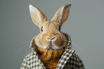 Obraz premium A cute bunny wearing a plaid scarf, posing against a neutral background, perfect for whimsical animal portraits