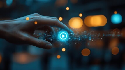  Hand reaching out to interact with holographic play button icon, symbolizing digital media and futuristic interactivity.