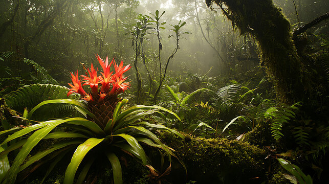A flowering bromeliad plant in the understory of the Amazon rainforest, surrounded by ferns and moss-covered branches 
