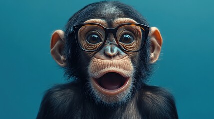 Shocked chimpanzee with glasses, surprised expression against a blue background