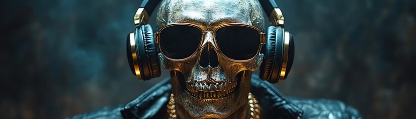 Naklejka premium Skeleton DJ with gold chains, headphones, dark background