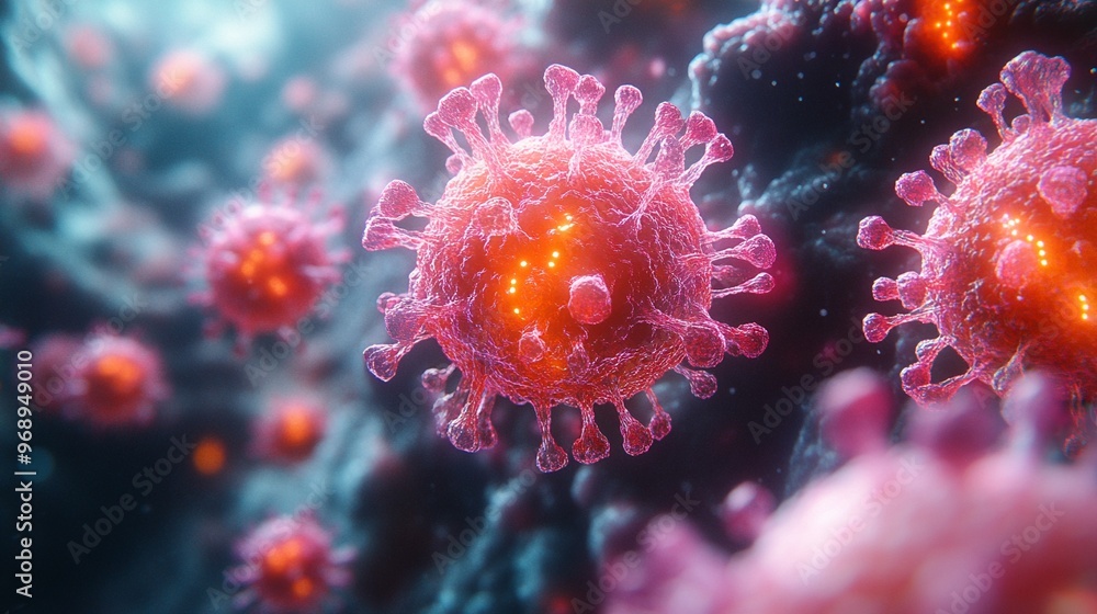 Poster microscopic view of viruses exhibiting intricate structures in a digital science illustration