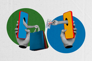 Collage sketch poster online shopping eshopping concept fast payment receiving delivering order...