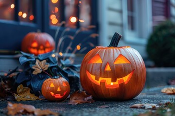 Halloween Jack-O'-Lanterns at Night on Cobblestone Street with Glowing Lights