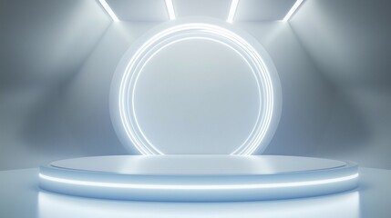 Circle white neon light technology podium stage presentation in room modern technology