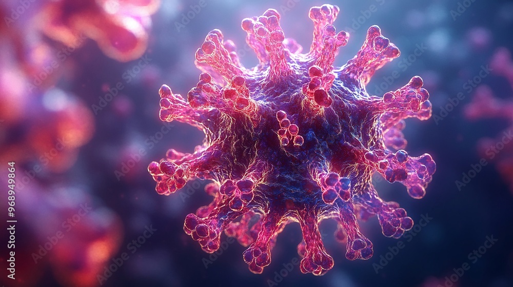Poster close-up shot of a virus structure in a nebulous background at dawn displaying detailed spikes