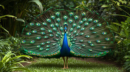 Obraz premium A beautiful peacock displaying its colorful plumage in a lush garden