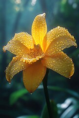 Fototapeta premium Yellow orchid blooming in a rainforest, raindrops on petals, sunlight streaming through