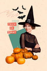 Vertical photo collage of happy witch girl crossed hands pumpkin autumn harvest halloween holiday...