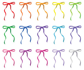 Simple hand drawn colorful ribbon bow collection. Bowknot for decoration, big set of bowtie. Large retro handdrawn ribbon illustration set. Set of various cartoon bow knots, gift ribbons. Multicolored