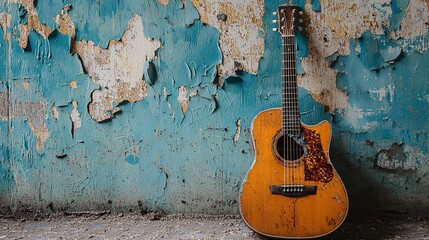 Obraz premium Acoustic Guitar Against Weathered Wall.