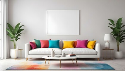 Photo modern style interior room 3d illustration Interior,Kitchen,Washrooms frame living room with colorful white sofa,led with blank frame