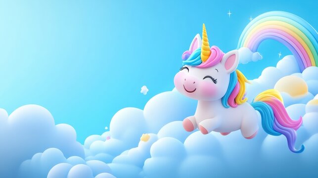 A cartoon unicorn flying in the sky with a rainbow in the background