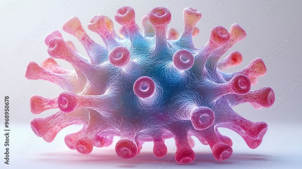 Poster high-resolution macro image of a microscopic virus particle with colorful spikes