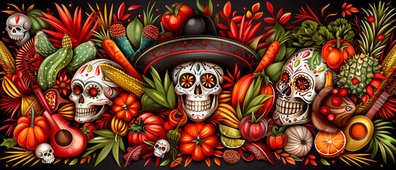 A colorful and vibrant image of three skulls and a sombrero surrounded by various fruits and vegetables