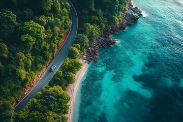 Aerial shot of a road along the coast, cars passing along the road, and lush groves of trees on the ground. © AI Digital Artist
