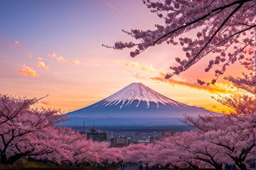 Fototapeta premium Cherry Blossom at Mount Fuji with Sunset View