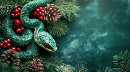 Fototapeta premium A Green Wooden Snake, holiday composition for happy and joy celebrate New Year, black bokeh background