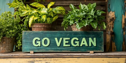 Obraz premium Go Vegan Wooden Sign on Rustic Green Background
