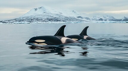 Fototapeta premium Two orcas swim together in a cold, icy ocean with a snowy mountain in the background.
