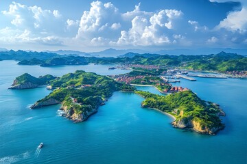 Naklejka premium Beautiful aerial view of a tropical tourist destination with buildings on the waterfront with green trees and clouds on a clear day