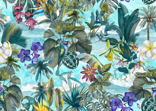 Tropical seamless pattern with palm leaves and tropical flowers, parrot and landscape with clouds and mountains hand painted in watercolor. landscape.