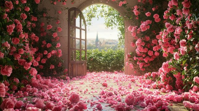 Fototapeta The entrance of the room is covered with pink roses, and outside there's an arched window with a view of nature. The floor is scattered 