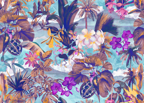 Tropical seamless pattern with palm leaves and tropical flowers, parrot and landscape with clouds and mountains hand painted in watercolor. landscape.