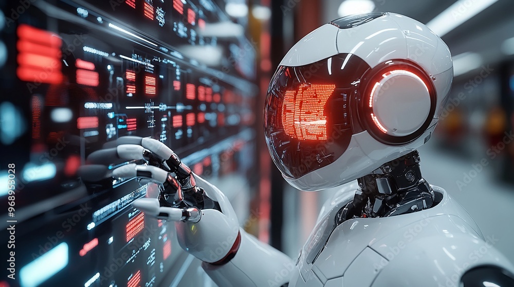 Poster advanced humanoid robot interacting with digital interface in a tech environment