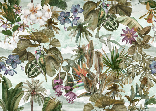 Tropical seamless pattern with palm leaves and tropical flowers, parrot and landscape with clouds and mountains hand painted in watercolor. landscape.