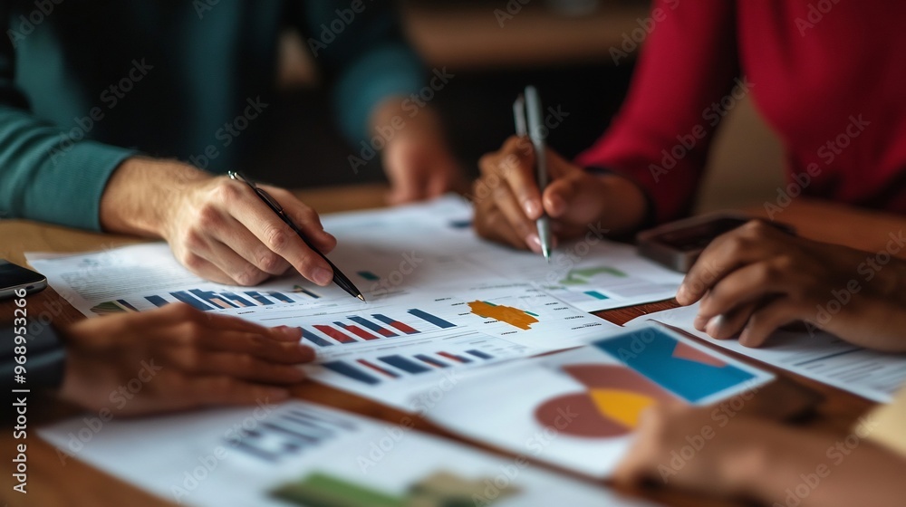 Poster close-up of hands working on a table with financial graphs, charts, and pen.