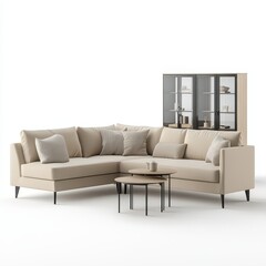 A modern beige sectional sofa with pillows and a glass cabinet, designed for comfortable living spaces.