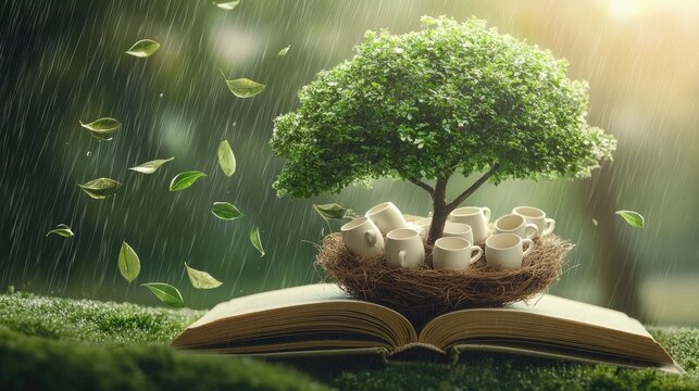 The green tree in a shape of a book with a nest with eggs, but instead of eggs there are white 5 cups with coffee inside. It&acirc;&euro;&trade;s raining and sunny wether 