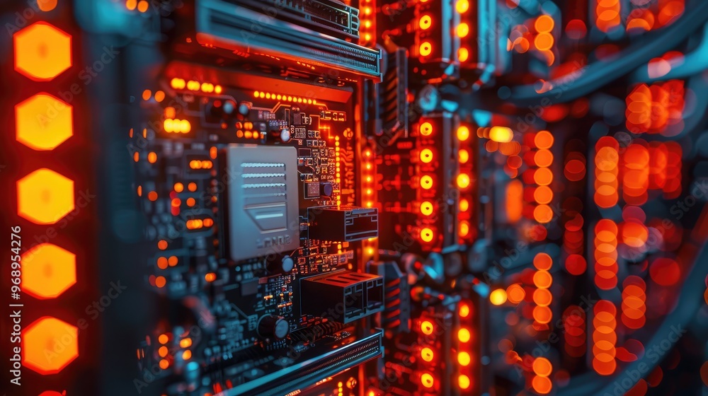 Poster close up of a glowing server rack in a data center, showcasing modern technology and network infrast