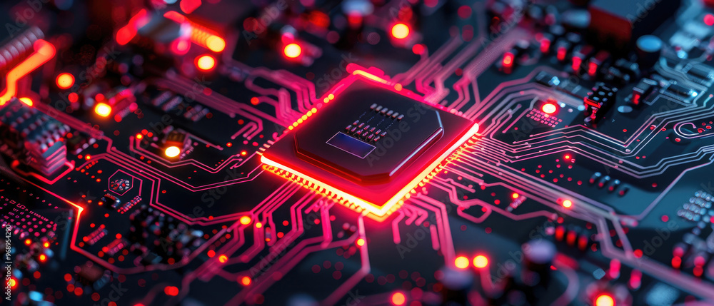Poster close up of a glowing microchip on a circuit board with red lights, showcasing advanced technology a
