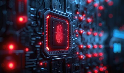 Close up of a glowing microchip on a circuit board, symbolizing advanced technology and innovation in electronics.