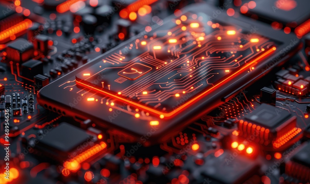 Poster close up view of an advanced microchip on a circuit board with glowing red lights, symbolizing moder