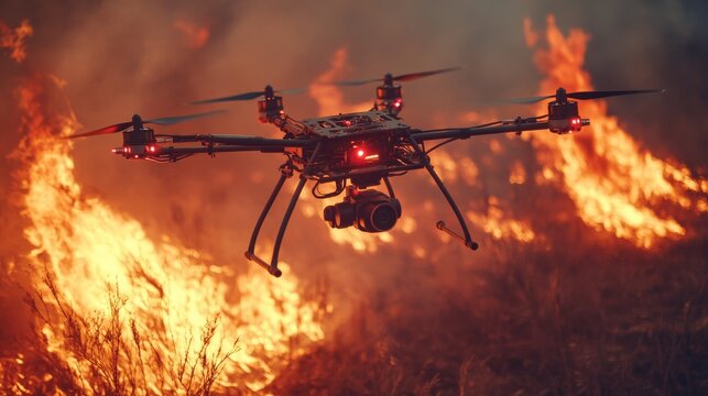 Autonomous AI-driven firefighting drones extinguishing fires in hazardous areas: Drones equipped with fire suppression systems navigating dangerous environments to put out fires.