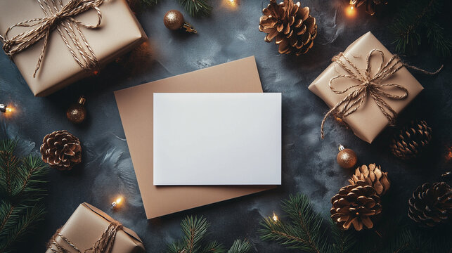  blank christmas greeting card and fir branches on grey background with christmas decorations and copy space for your greetings.