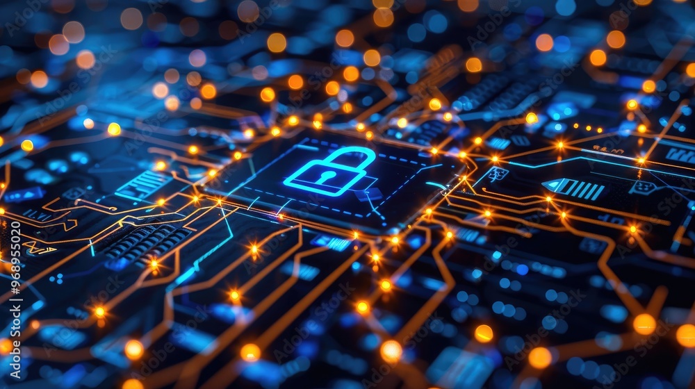 Poster digital circuit board with a glowing lock symbolizing cybersecurity, data protection, and informatio