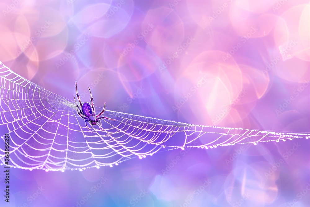 Poster spider on a web in macro photography with blurred background and colorful bokeh