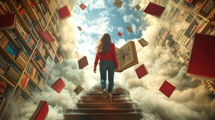 The open PHOTO ALBUM with pages transforming into an endless staircase leading to the sky, surrounded by floating red toys and books. A girl 