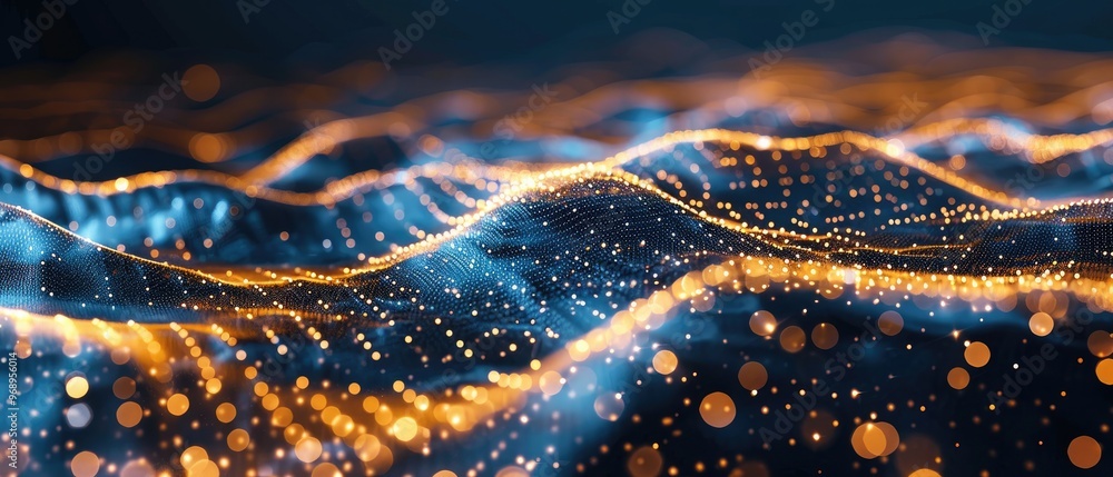 Poster Futuristic abstract landscape of glowing lines and dots, depicting digital data visualization and modern technology concepts.