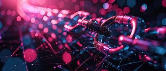 Futuristic blockchain network with glowing links and digital connections, representing secure technology and cryptocurrency.