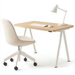 Fototapeta premium A modern desk setup featuring a wooden desk, ergonomic chair, and desk lamp.